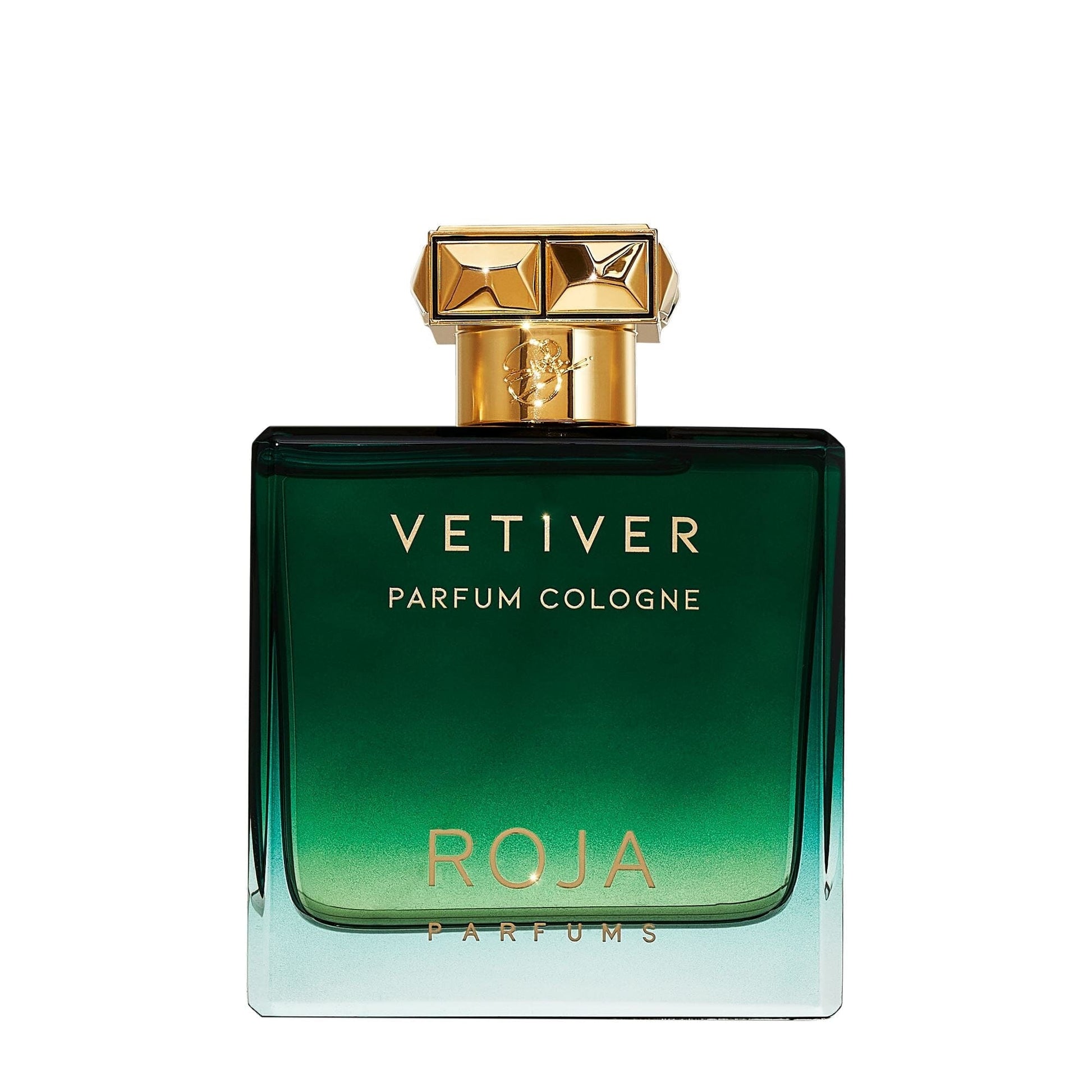 A green glass bottle of Roja Parfums Vetiver Pour Homme, adorned with elegant gold accents, embodies refined masculine fragrance against a crisp white backdrop.